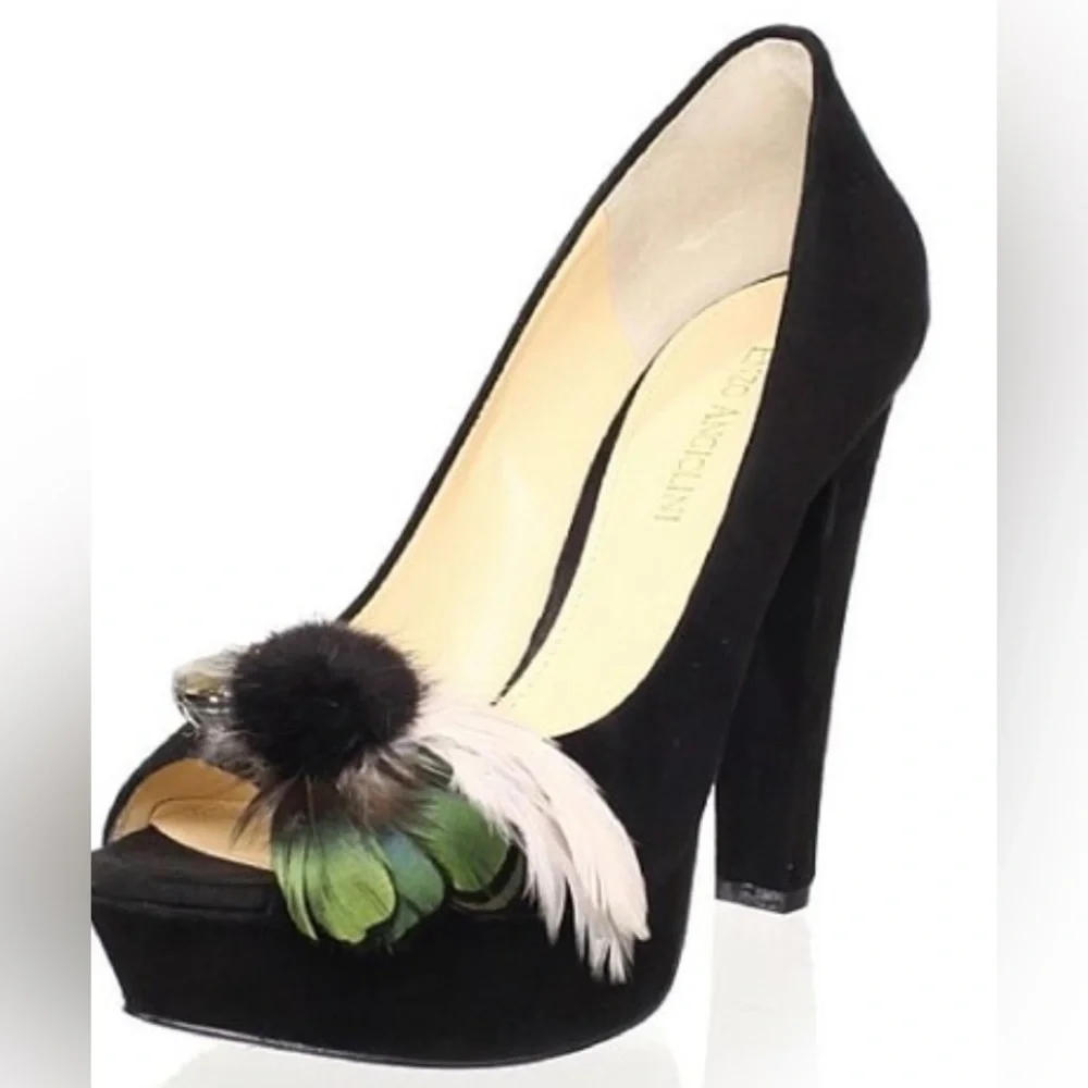 ENZO Angiolini Red Carpet Black Suede Pump, Mink, Peacock Feathers & Jewels EUC